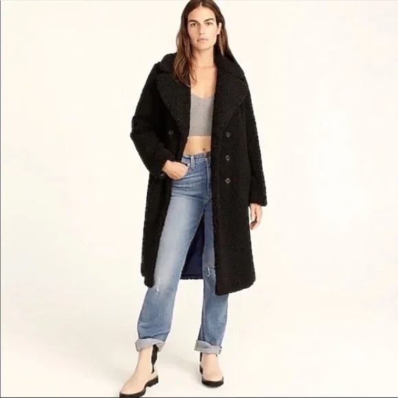 J. Crew Teddy Sherpa Black Double Breasted Long Pea Coat Petite